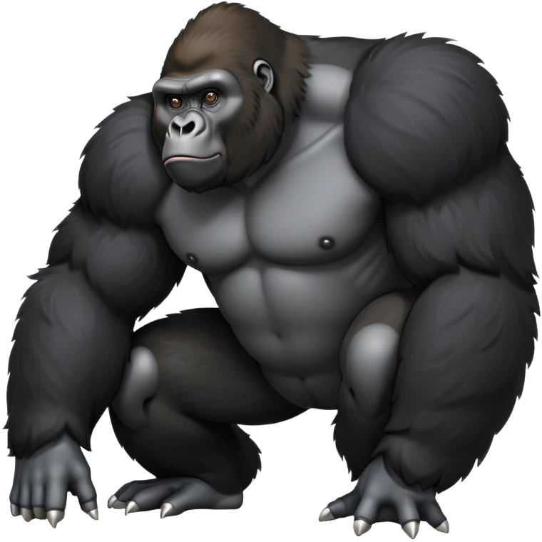 cinematic-friendly gorilla-realistic-full-body-crouched on all fours-emoji,-broad-and-powerful-frame-poised-with-confidence,-massive-arms-hanging-slightly-forward,-head-tilted-thoughtfully,-thick-black-fur,-deep-dark-eyes-full-of-intelligence,-simplified-yet-realistic emoji