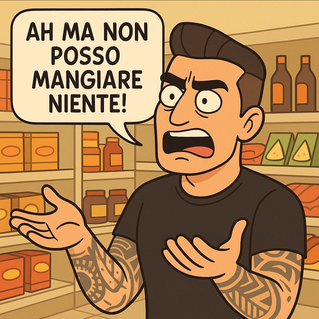 Transform this person into a cartoon-style emoji: a man complaining in a supermarket with an exasperated expression, saying "Ah ma non posso mangiare niente!". Background with supermarket shelves. The atmosphere is ironic and caricatural, in a western adult animation cartoon style. emoji