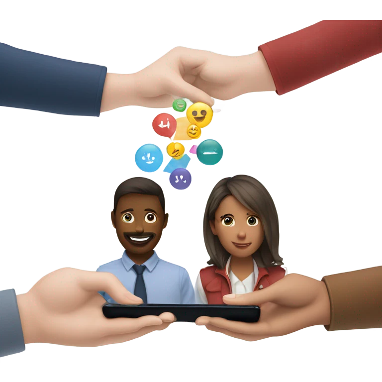 friends with smartphone showing charts emoji
