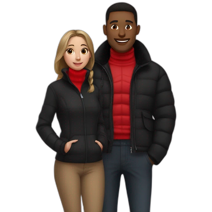 a girl with red turtle neck and a guy next to her with a black puff jacket emoji
