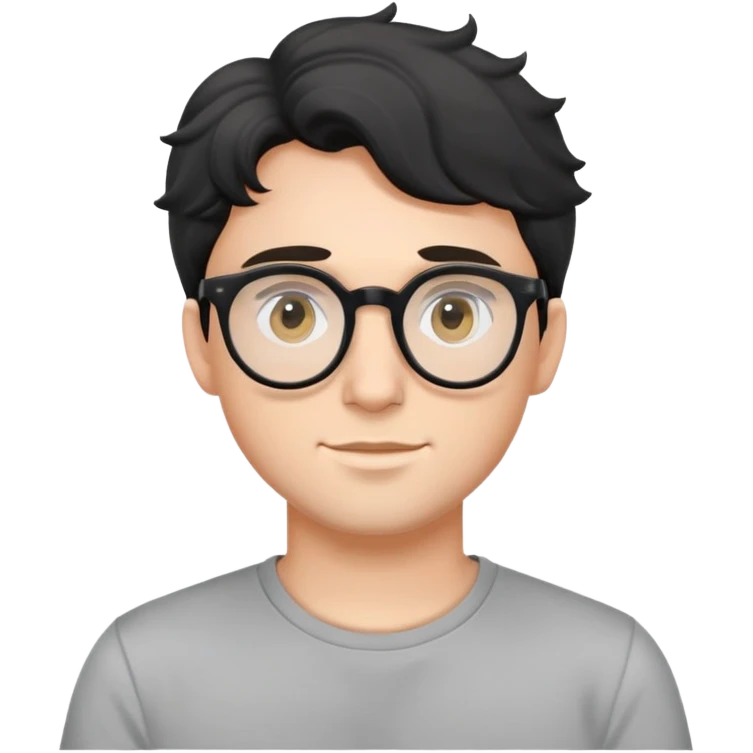 Young caucasian man with black wavy hair, round glasses, wearing a grey t-shirt emoji