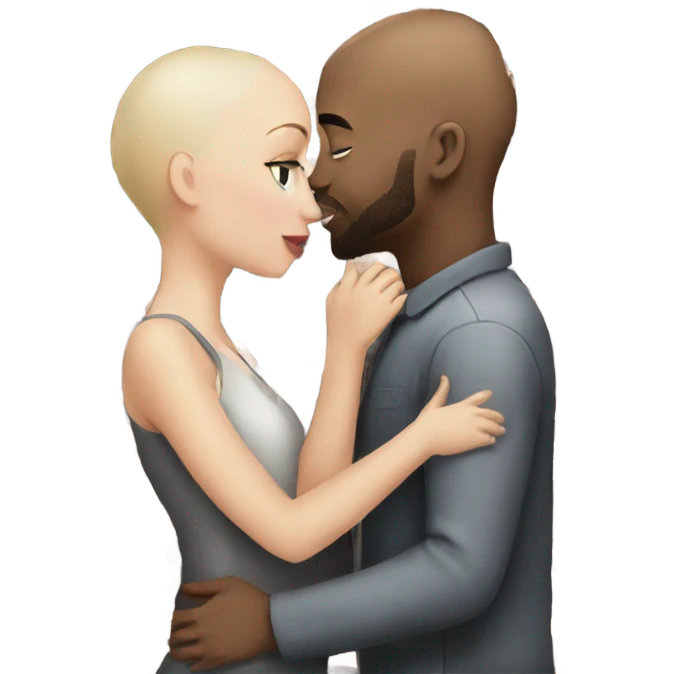 White girl dark hair kissing mixed bald man emoji