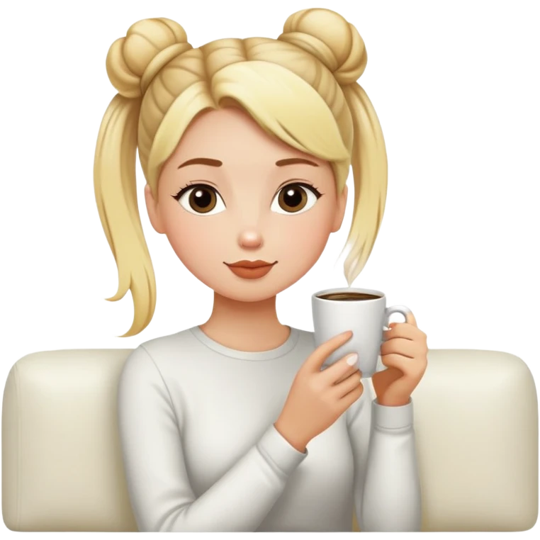 girl with blonde hair in a bun sipping coffee on white couch emoji