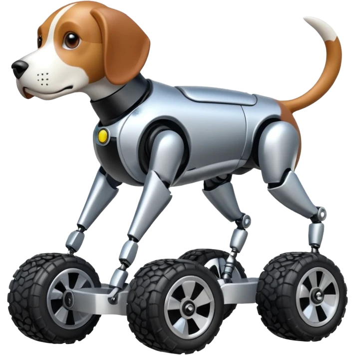 Very fast and sporty jumping racing Boston Dynamics robot beagle Sherlock Holmes robodog with large 8 off-road wheels for feet  emoji