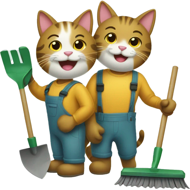 two happy cats doing yardwork  emoji