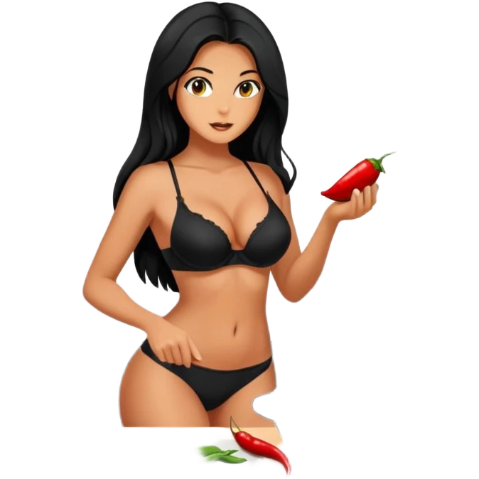 cooking, black long hair tanned woman, black bra and panties, spicy food emoji