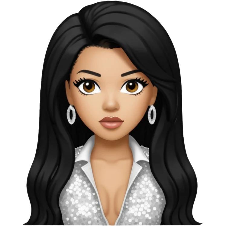 Keyshia Cole with long black hair, white sequin outfit emoji