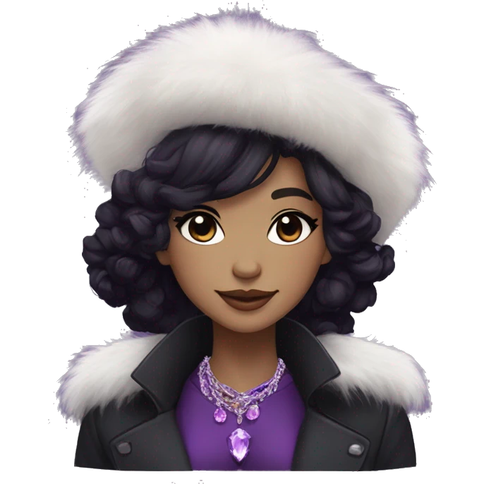black hair,pale, long messy hairstyle, beret hat, purple eyes, smile, long black trench coat with white fur around the neck, purple crystal earrings, purple crystal necklace, black pants emoji