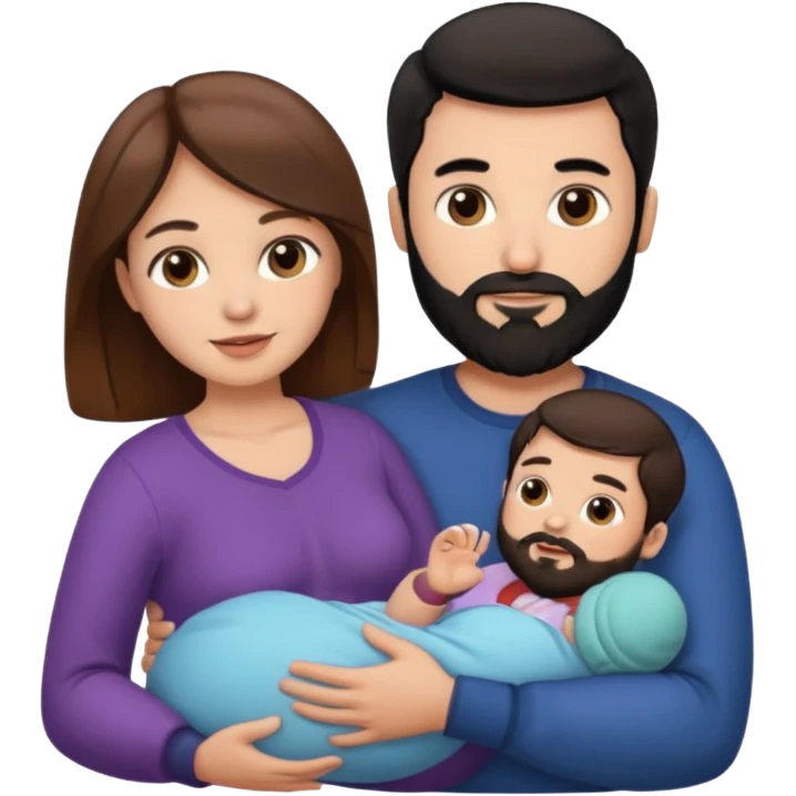 Una mujer con pelo castaño y ojos marrones y un hombre con pelo negro y barba y un solo bebe emoji