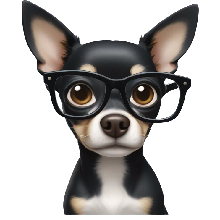 Black chihuahua with ivory eyebrows and cheeks, unusual blue eyes, and nerdy glasses emoji