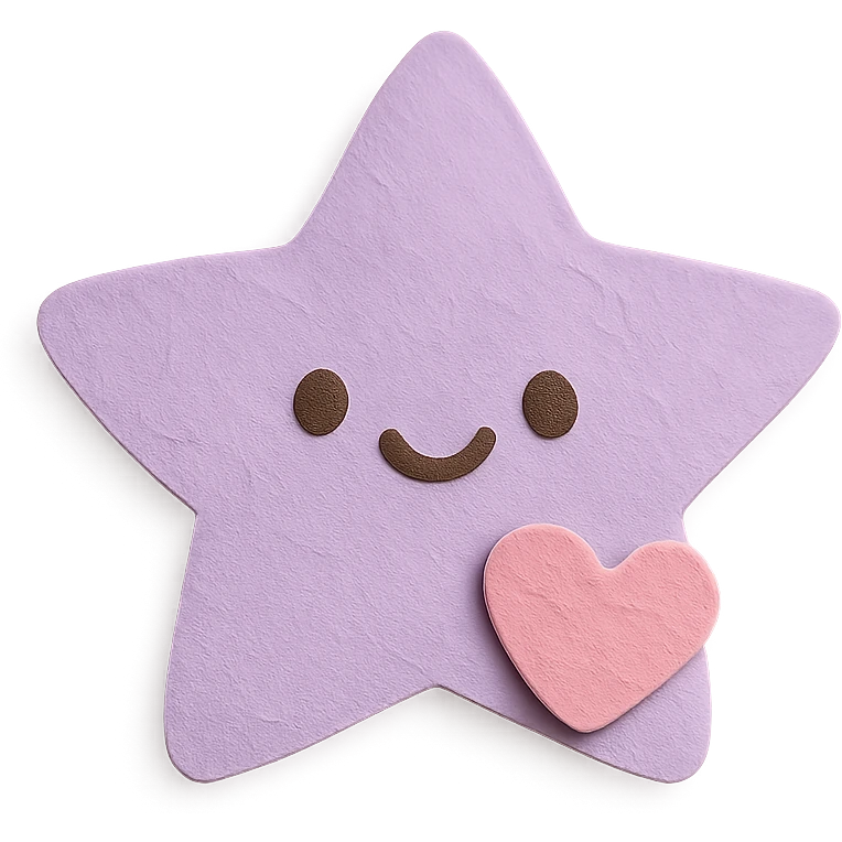 happy pastel purple star with a tiny pastel heart in front, no arms or legs, full body, kawaii paper craft style emoji
