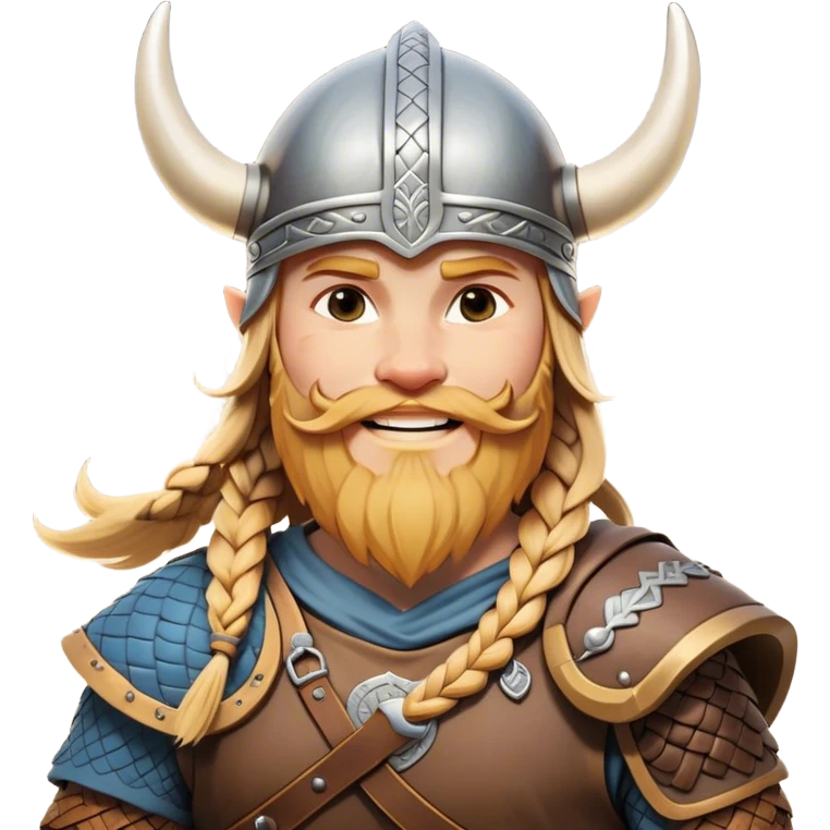 Clash of Clans aesthetic: Cinematic Cheerful Viking Portrait Emoji, With a bright, confident smile and a relaxed, adventurous stance, showcasing a stylized, spirited build with a classic Viking helmet and braided hair, his natural skin tone lending authenticity, Simplified yet expressive features, highly detailed, glowing with a soft, golden Nordic radiance, high shine, upbeat and courageous, stylized with an air of classic Viking heroism, soft glowing outline, capturing the essence of a cheerful Viking ready to embark on legendary quests! emoji