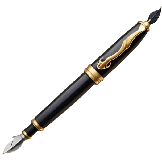 Create a delicate, artistic emoji representing poetry. The design should include a black fountain pen or quill with ink flowing gently onto a piece of parchment or scroll. Add soft, flowing lines to represent the fluidity of verse and creativity. Include elements like a small ink bottle or a feather in the background, and subtle accents of gold or silver to evoke elegance and inspiration. The overall design should feel light, romantic, and whimsical. Make the background transparent. emoji