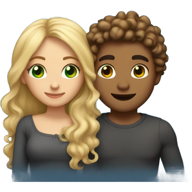 Two lovers, one female light skinned with green eyes and blonde long hair and the other a male with curly brown hair light skinned blue eyes with hearts around it  emoji