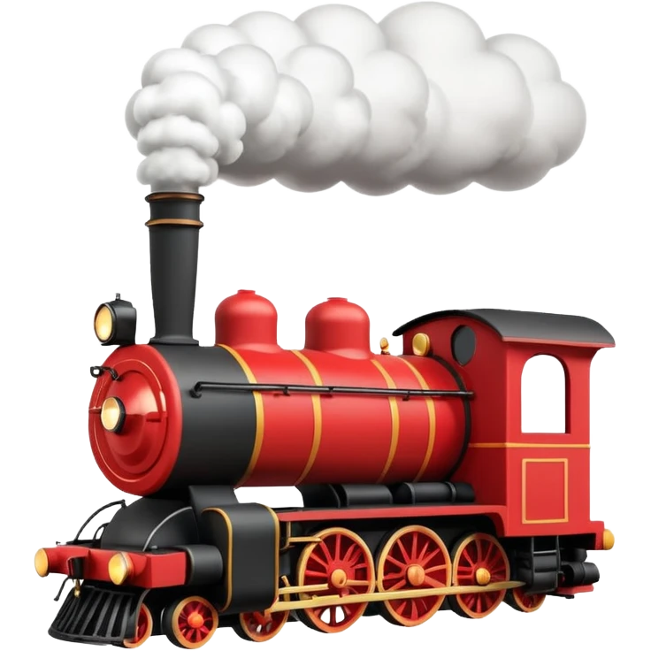 A 3D cartoon classic steam locomotive with a chimney releasing smoke, red and black body, bright sky background, Memoji-style rendering. emoji