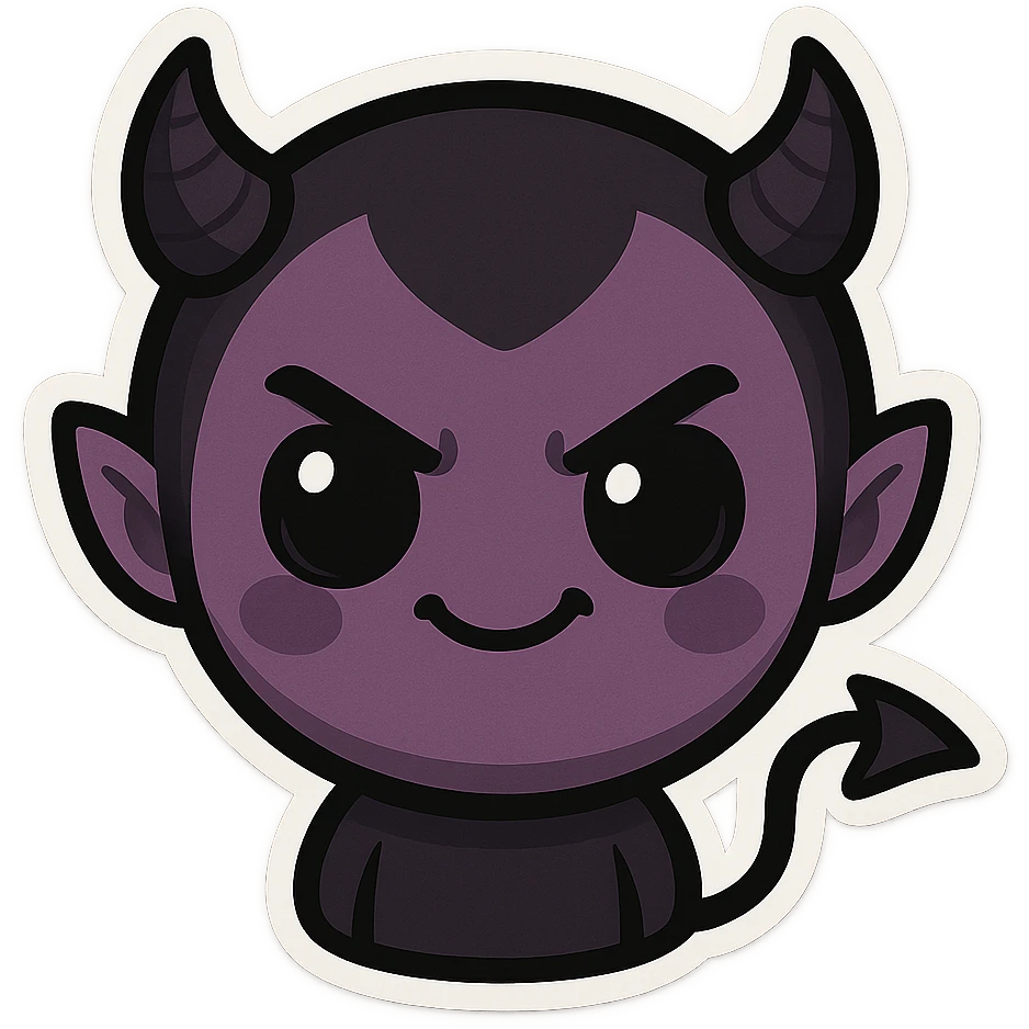 devil emoji in chibi style with gothic palette black and purple, tiny horns, cute but mischievous expression emoji