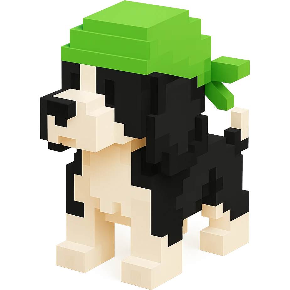 A black and white Russian Cocker Spaniel puppy wearing a green durag, facing left emoji