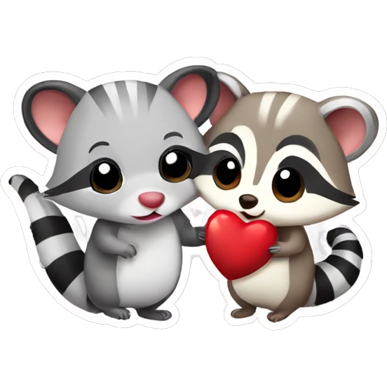 Opossum and raccoon cute animal couple love with heart emoji