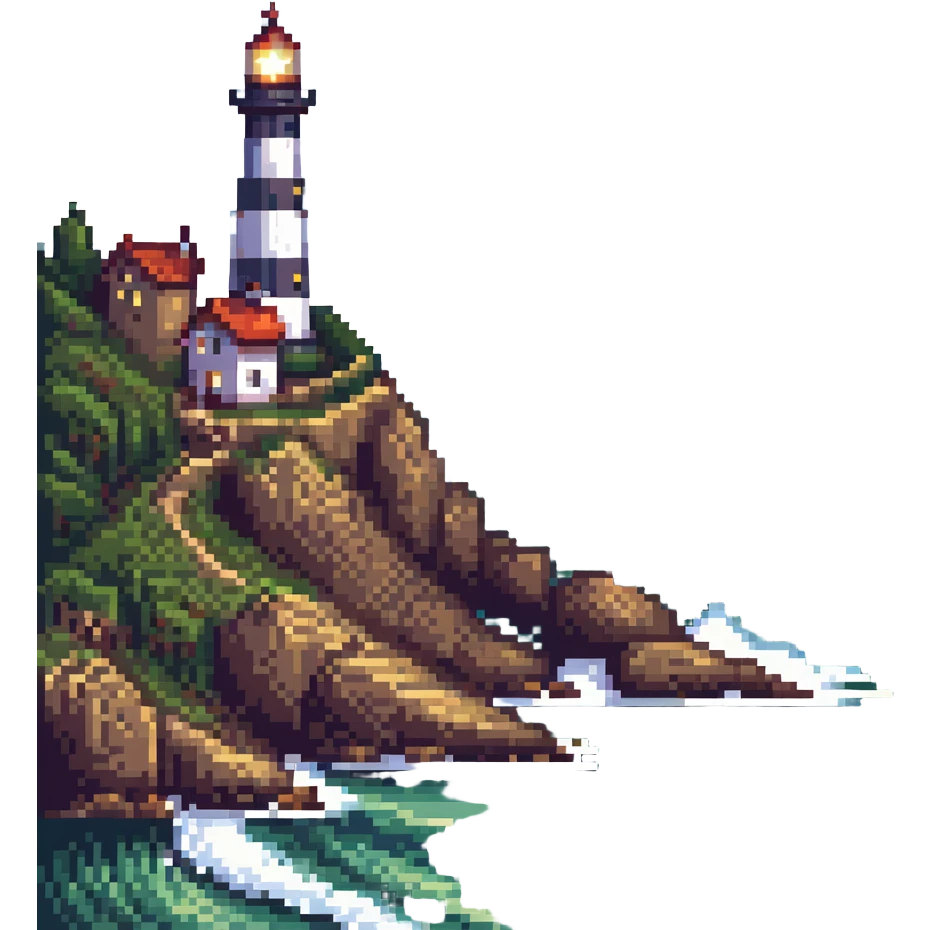 scenic coastline with waves, cliffs, and a lighthouse in pixel art style emoji