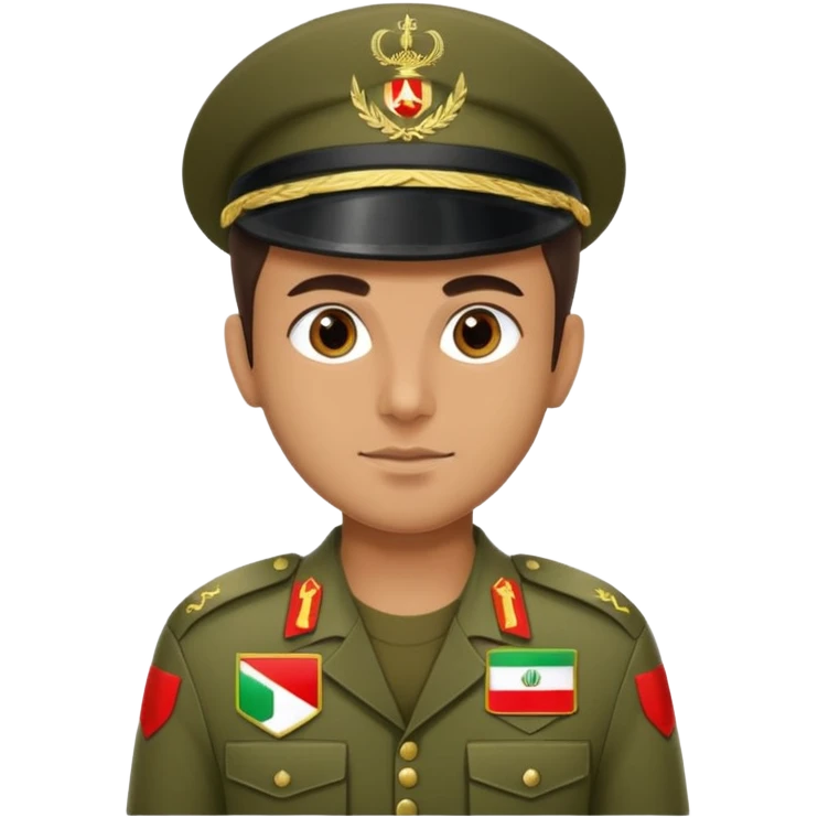 Portrait of an Iranian soldier with an Iranian flag chevron on his shoulder and chest emoji