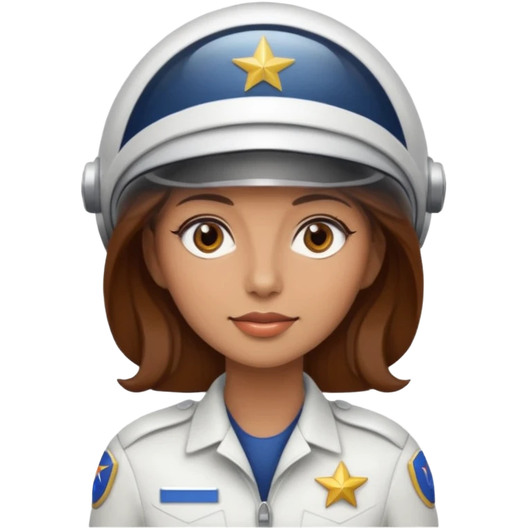 woman with brown hair and brown eyes.  space ship captain with white hat emoji