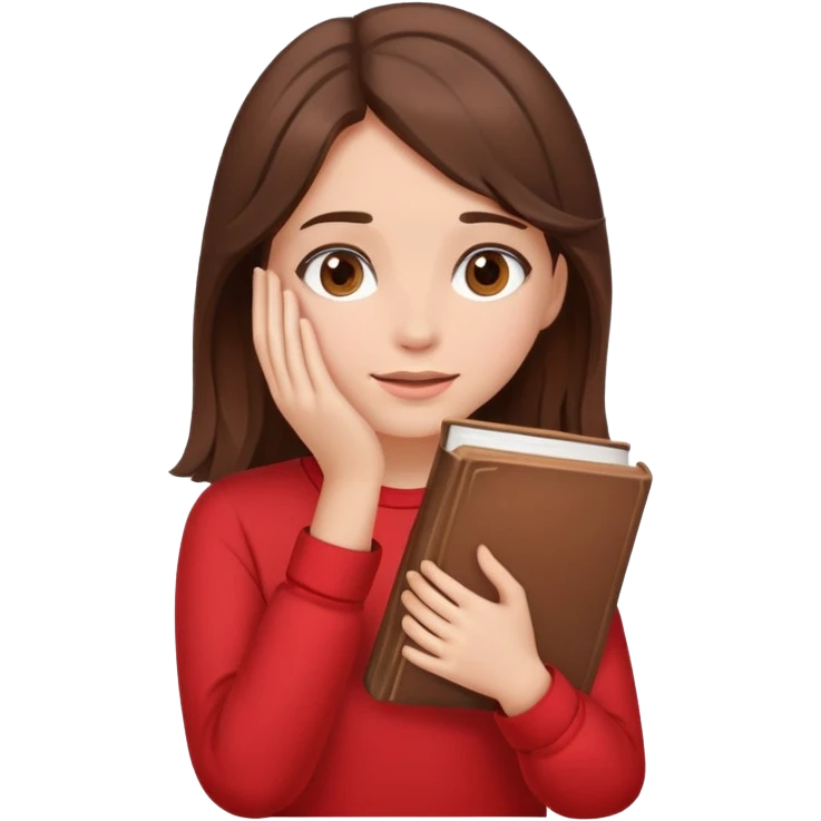 brunette girl with brown hair wearing red clothes covering her face with her hand and book emoji