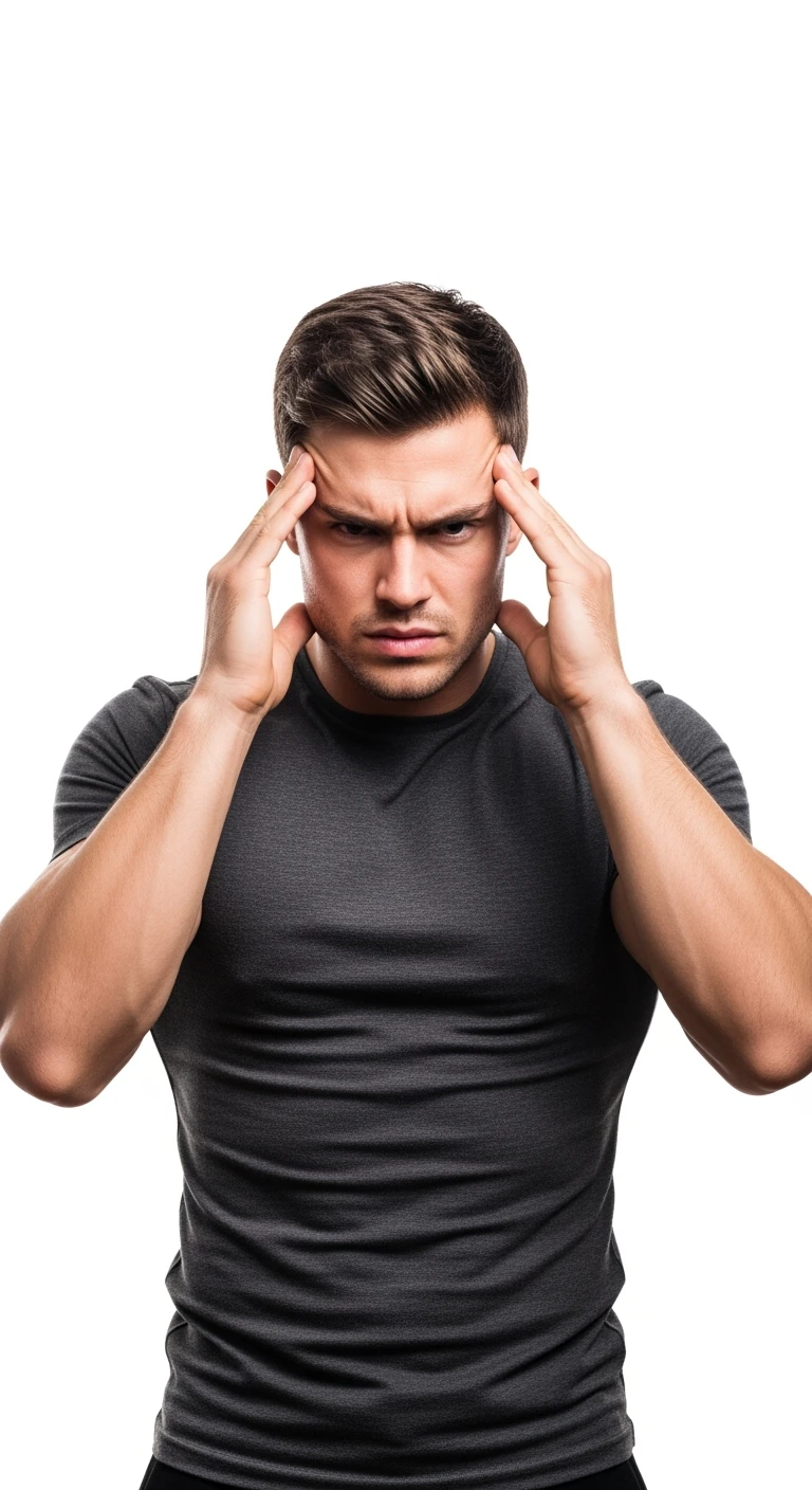 UOMO fitness STRESSATO CHE SI TIENE LE MANI SULLE TEMPIE, ISOLATO SU SFONDO BIANCO emoji