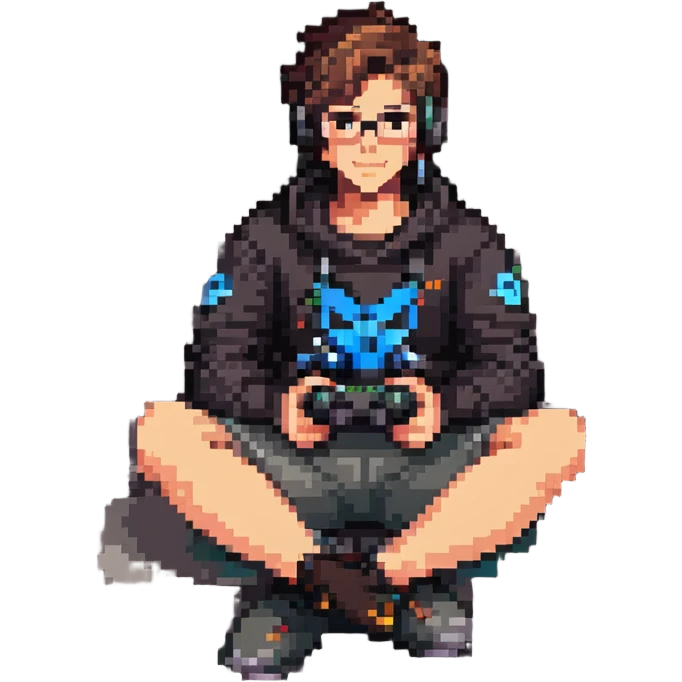 an Overwatch fan sitting on a couch with a controller, looking relaxed emoji