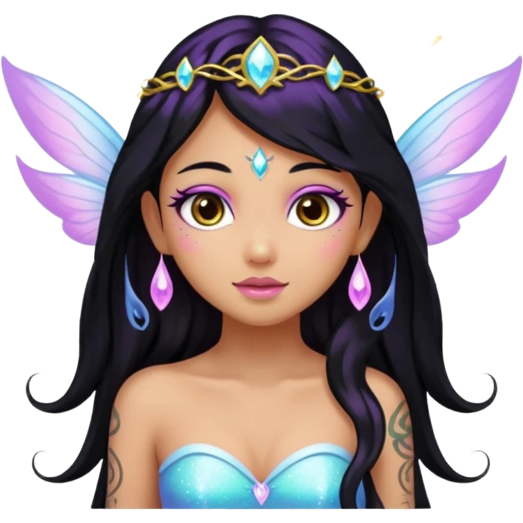 Earthreal sparkly angelic mystical magical shiny pretty Fairy. Dark Brown eyes. Caramel skin. Long black hair. White, hot pink and light blue and lavender and light green and light yellow . Tattoos emoji