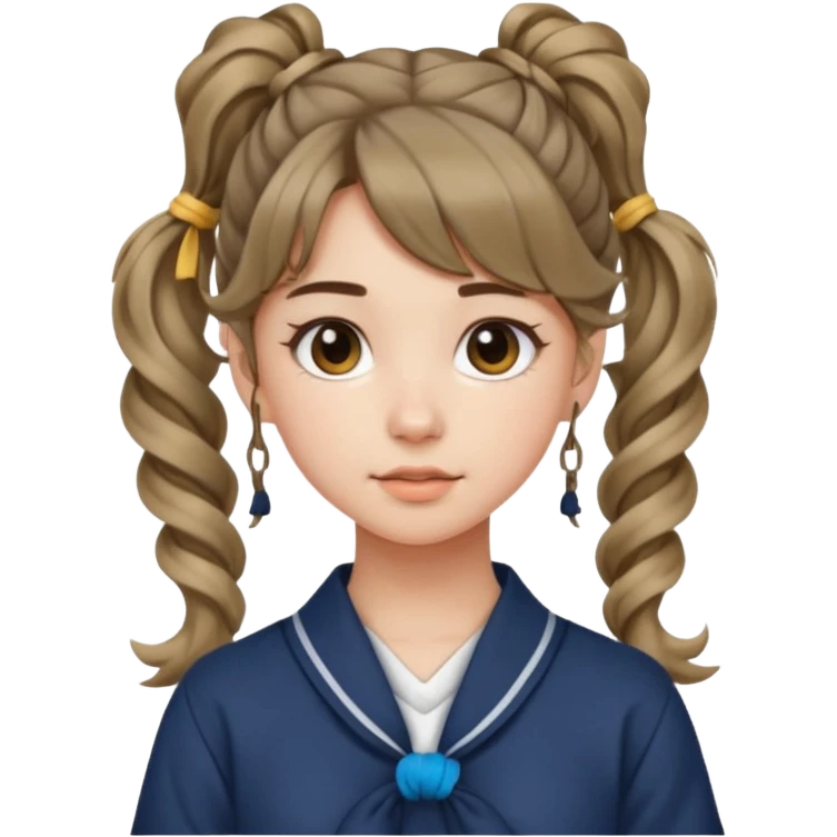 Teenage girl, wearing a cute and aesthetic outfit, with her hair tied up in a high ponytail, and with side bangs also front bangs, her hair wavy emoji