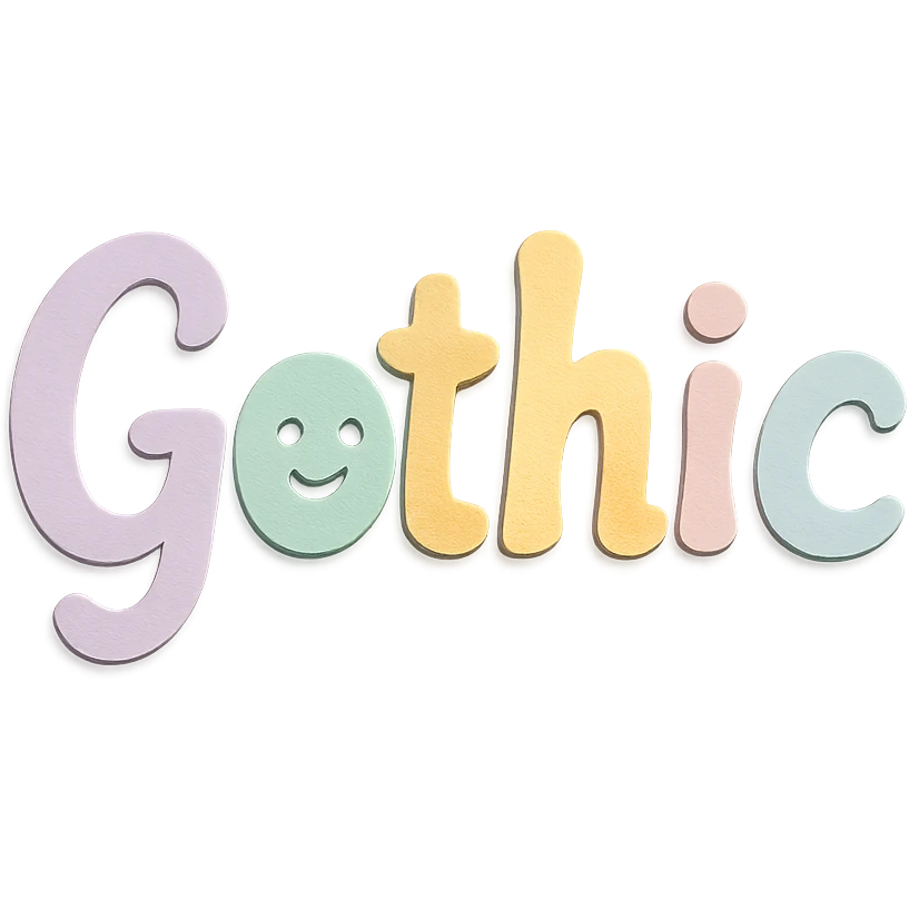 "Gothic" in soft pastel rainbow playful script font, kawaii, no outline, 3D paper-craft effect emoji