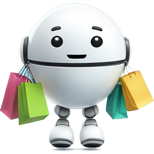 cute white floating spherical happy robot with shopping bags emoji