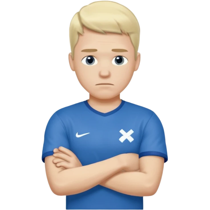 Pale blond man in blue football t shirt crossed arms (he is cold trembling ) emoji