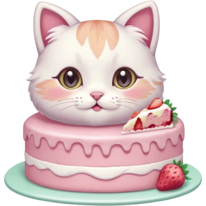 A cute cat happily eating a slice of strawberry cake, pastel color palette, soft shading, big sparkling eyes, kawaii style, highly detailed digital illustration, cozy atmosphere
, emoji