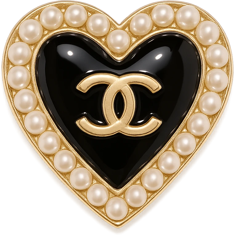  only the elegant heart with pearls and gold Chanel logo, glossy, pastel colors with no background. black pink,  emoji