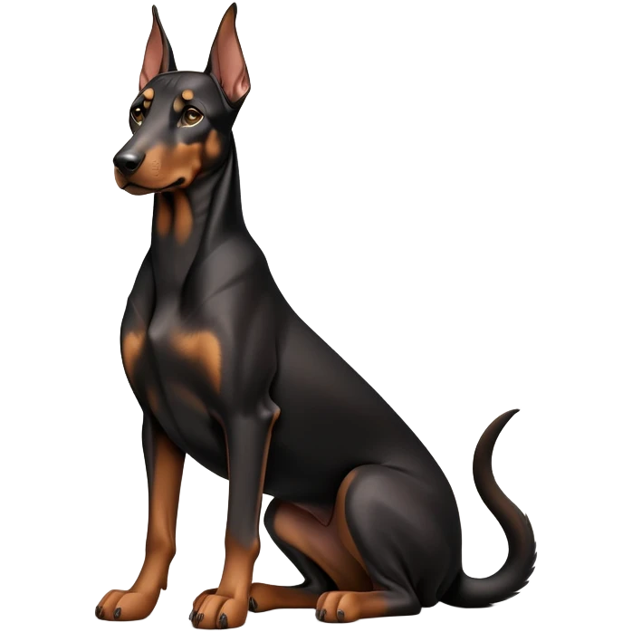 cinematic-[doberman]-realistic-full-body-sitting-emoji,-tail-resting-loosely-beside-its-paws,-head-tilted-dramatically, dooped ears -sleek-[black and tan]-fur,-simplified-yet-realistic-focused-features,-highly-detailed,-glowing-with-an-almost-sarcastic-glow emoji