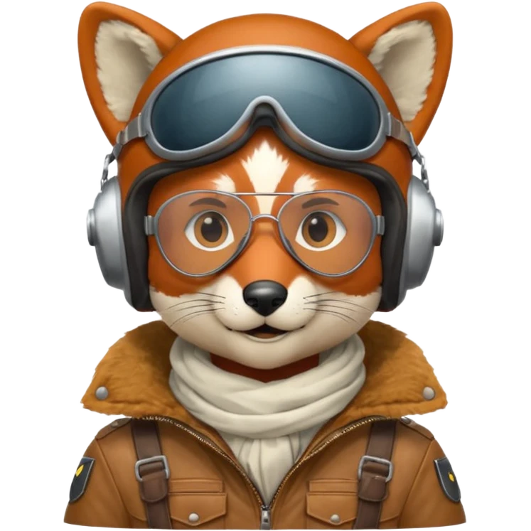 renard aviateur, casque en cuir, écharpe blanche, lunettes "climax" sur le casque au dessus des yeux, blouson aviateur, pas de double lunettes emoji