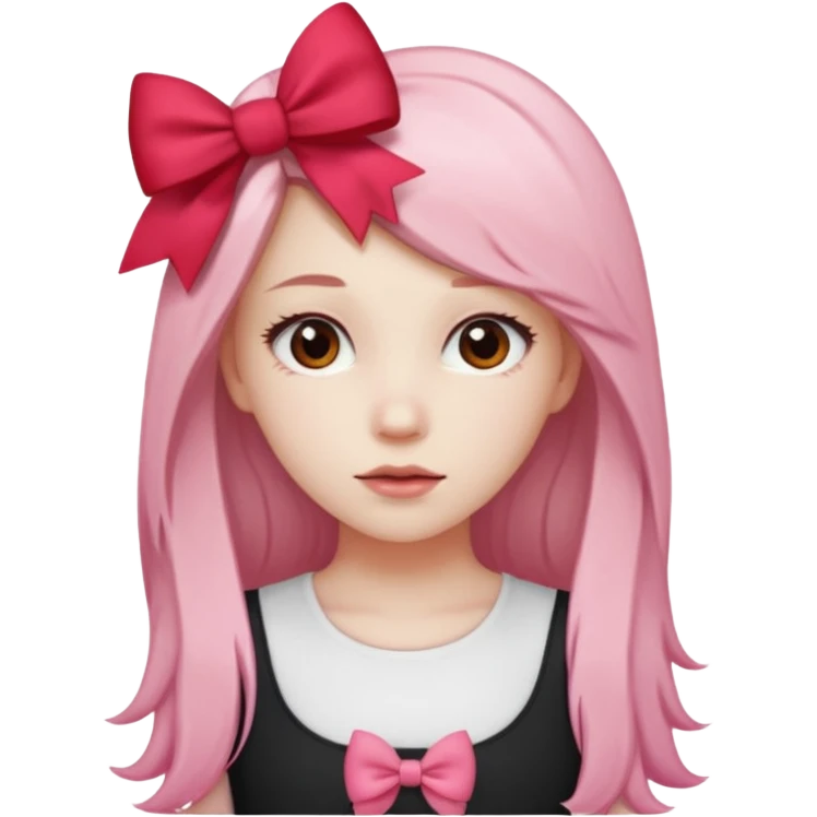 girl with long hair with side parted pale skin red pink bow in her hair and wearing a white basic top emoji