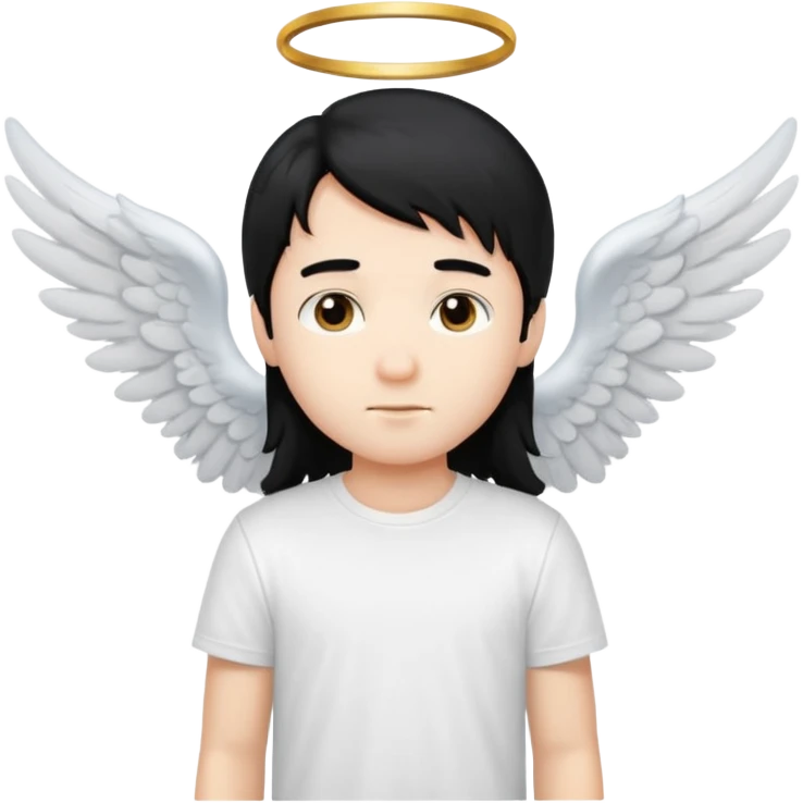 angelic boy with long black hair, white t-shirt, angel wings emoji