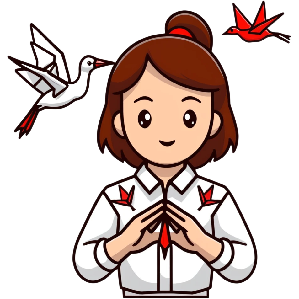 Happy Ukrainian young girl with brown hair in a white embroidered shirt holds an origami red crane emoji