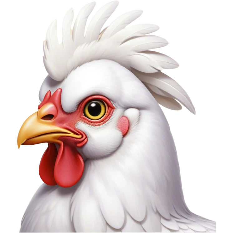 Cinematic Noble White Chicken Portrait Emoji, Poised and regal, with a compact, sturdy build and a pristine, well-groomed pure white plumage, deep-set soulful beady eyes, Simplified yet sharp and sophisticated features, highly detailed, glowing with a soft, dignified glow, high shine, intelligent and alert, stylized with an air of barnyard elegance, focused and attentive, soft glowing outline, capturing the essence of a watchful and confident fowl, so majestic it feels as though it could strut out of the screen with effortless authority! emoji
