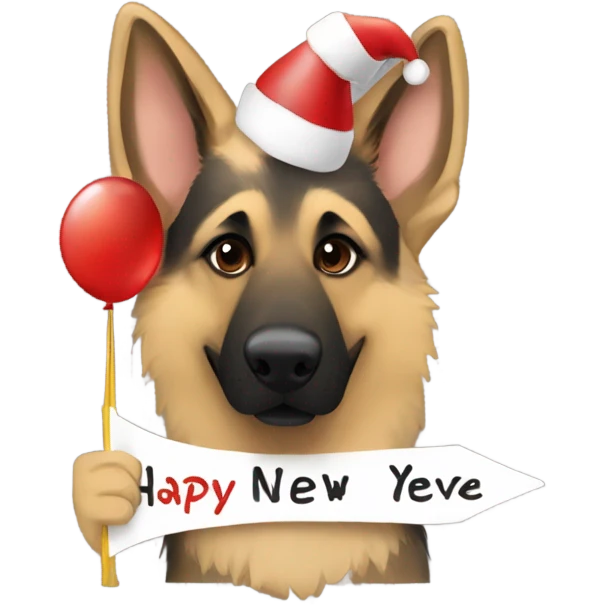 Blonde and brown German shepherd holding a sign that says “Happy New Years Eve” emoji