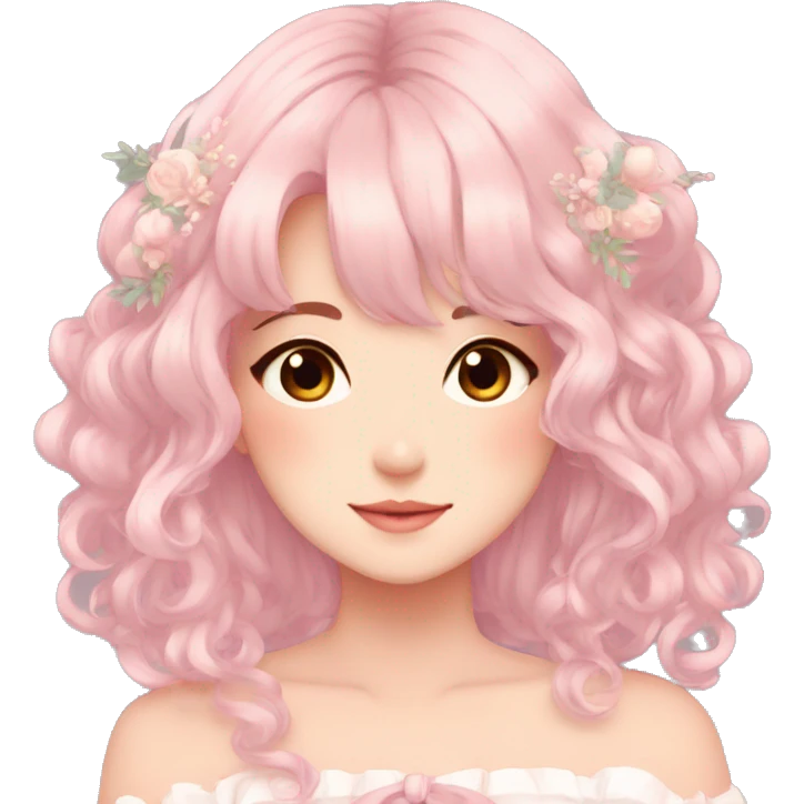 Gorgeous pastel anime style lady with blushing face and hair garnitures and pretty hair aesthetic trending style emoji