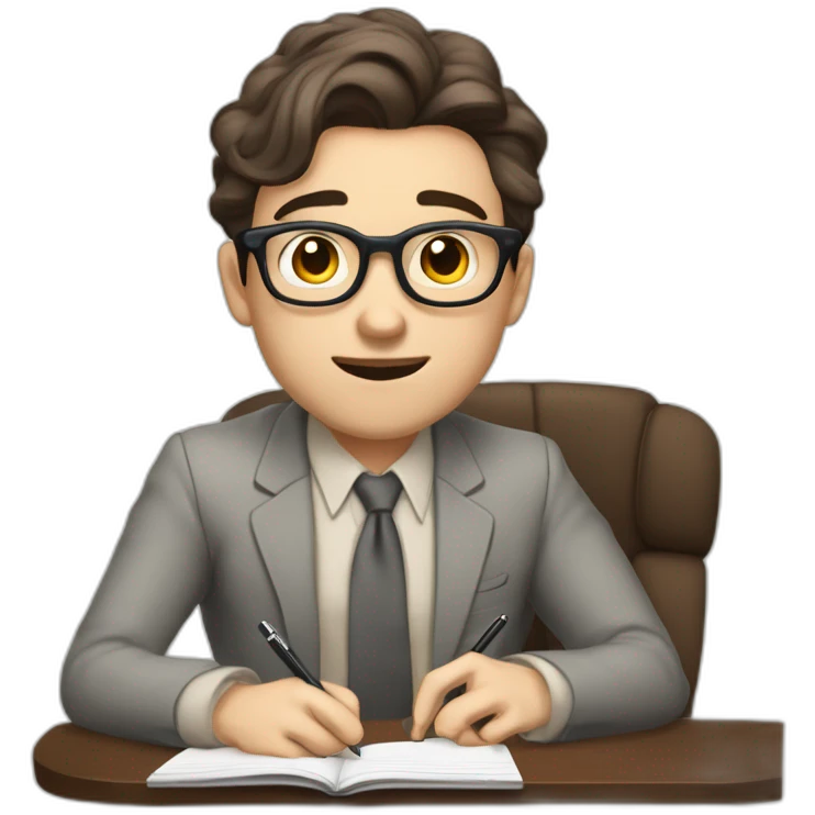Pale skinned Fit Man With dark brown hair in gray jacket, beige office shirt, Brown pants and vintage glasses sitting In a soft chair with a notebook and a pen Fooling showing his tongue emoji