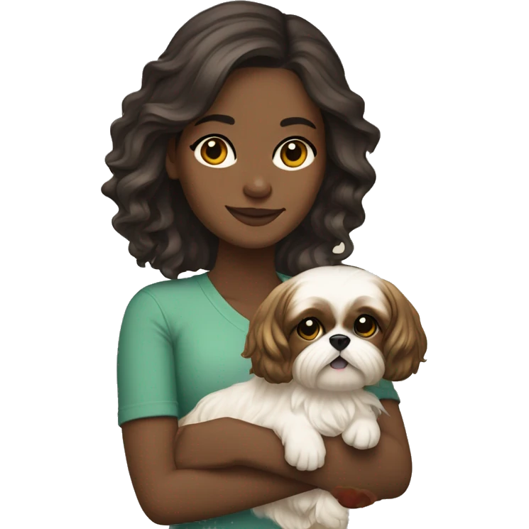 Young dark brunette medium kin hair woman with a golden shih tzu in her arms long wavy hair emoji