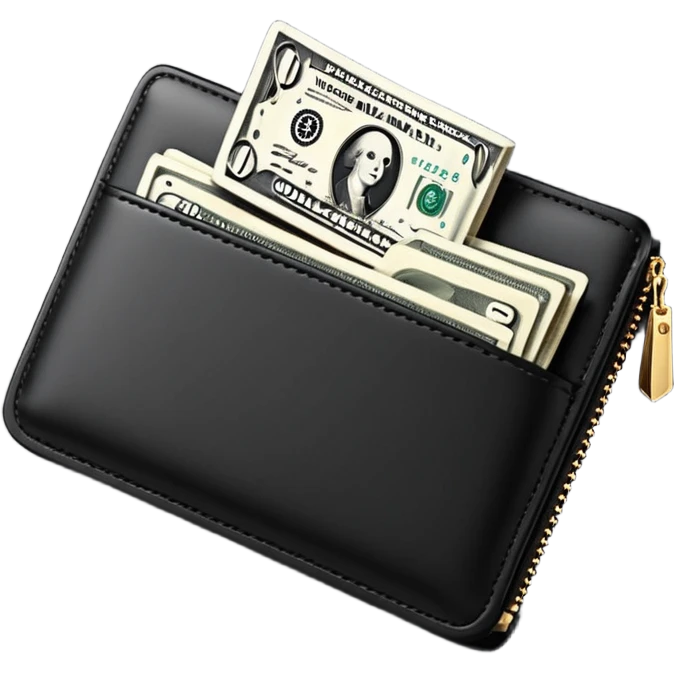 Rich emoji style black leather wallet with dollar bills, luxury money vibe, premium 3D emoji, ultra clean, high detail, no background
 emoji