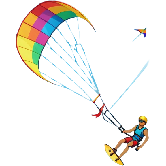 A vibrant kite soaring high in the sky, attached to a kiteboarder riding the waves below. The scene is filled with bright colors, capturing the energy of the sport. The background features the ocean, wind-blown waves, and a clear sky, showcasing the excitement and freedom of kiting. emoji