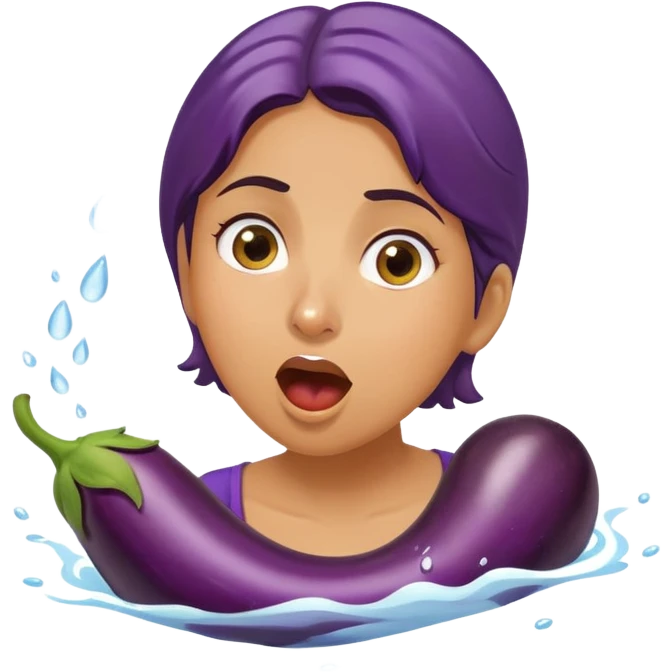 surprised woman eating an eggplant, eggplant squirting a stream of water, expressive face emoji
