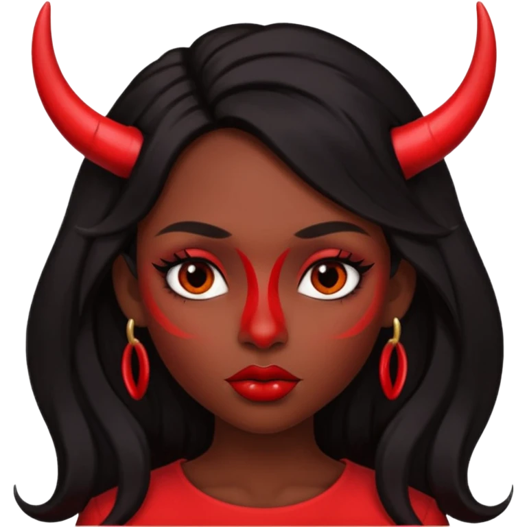 A skin red girl's face with cheekbones, long black hair, small red horns, big lips emoji