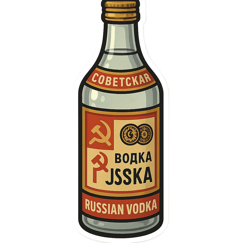 Create a cartoon sticker-style emoji of a Soviet vodka bottle inspired by the reference image. Emphasize the red and gold label, Cyrillic text, and classic bottle shape. No real brand names, just a generic Soviet look. Render in a sticker style. emoji